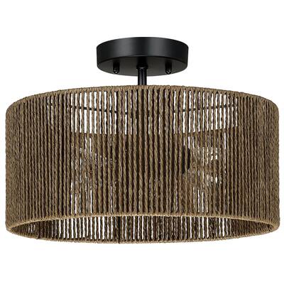 Dorn 2-Light Woven Rope Drum Semi-Flush Mount Ceiling Light - D14"x H10" - 14"W