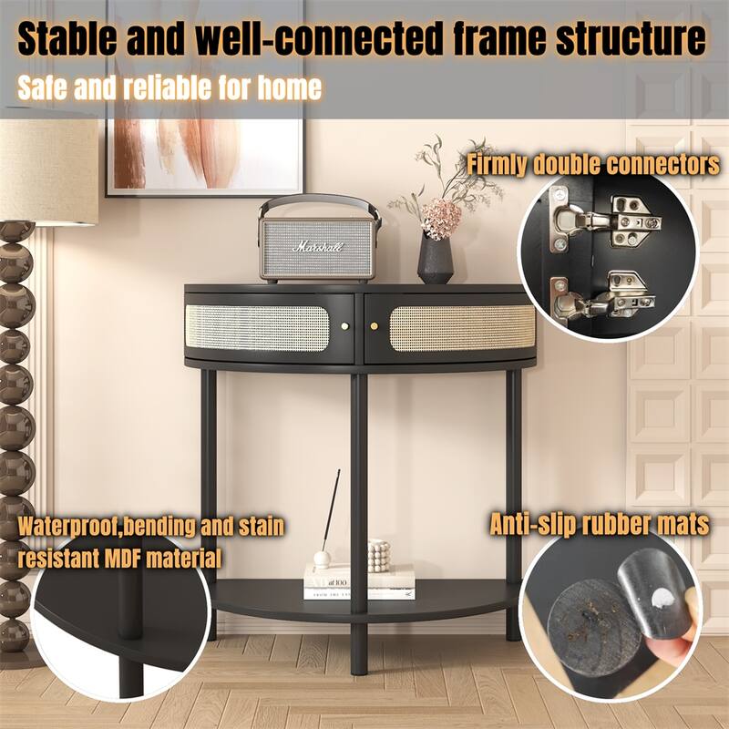 Unique Half Moon Design End Table with Sliding Rattan Door