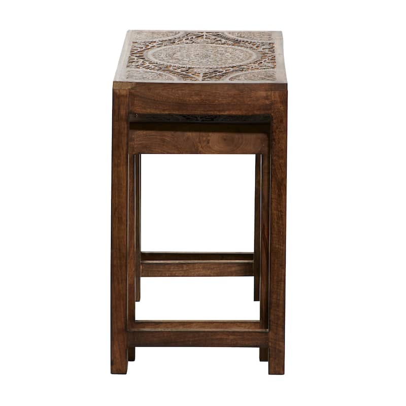 Mango Wood Floral Handmade Intricately Carved Accent Table with Carved Tabletops - Set of 2 Brown or White - Roche River Decor