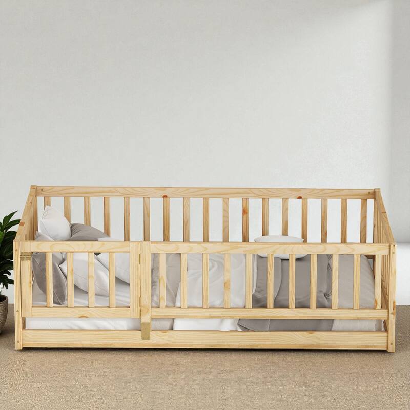 Twin/Full Montessori Floor Bed with Slats, Fence and Door, Wood Low Kids Bed for Girls and Boys, No Box Spring Needed