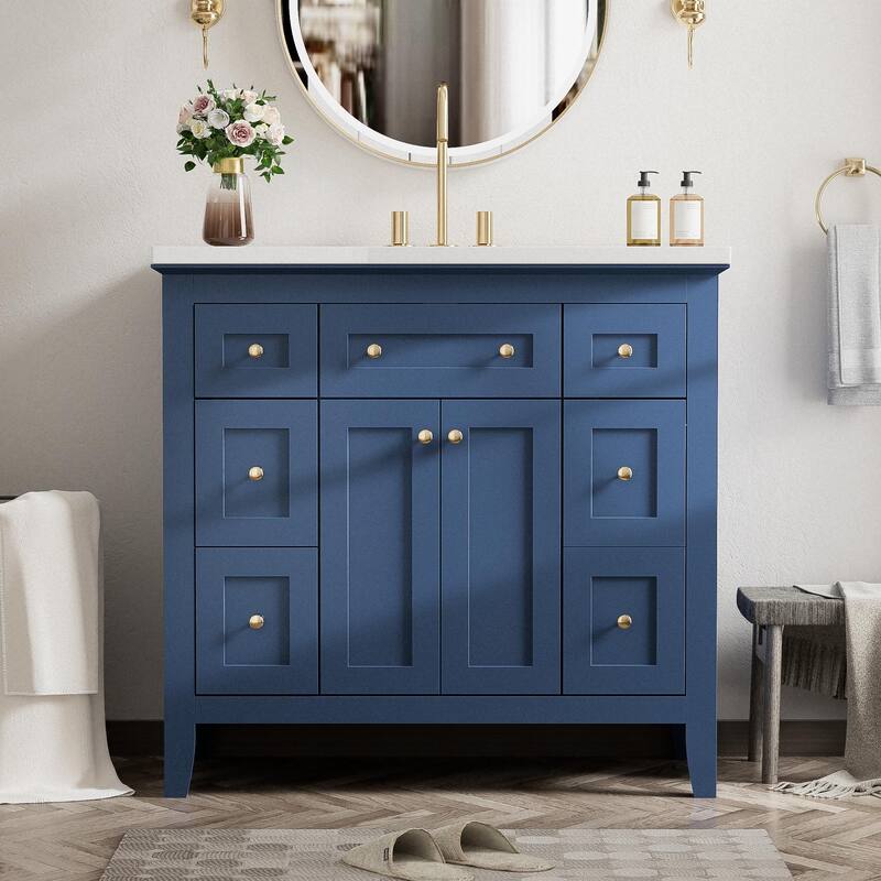 36'' Bathroon Vanity with Resin Sink Combo Set, Modern Freestanding Single Bathroom Cabinet with 6 Drawers & 2 Cabinets,Blue