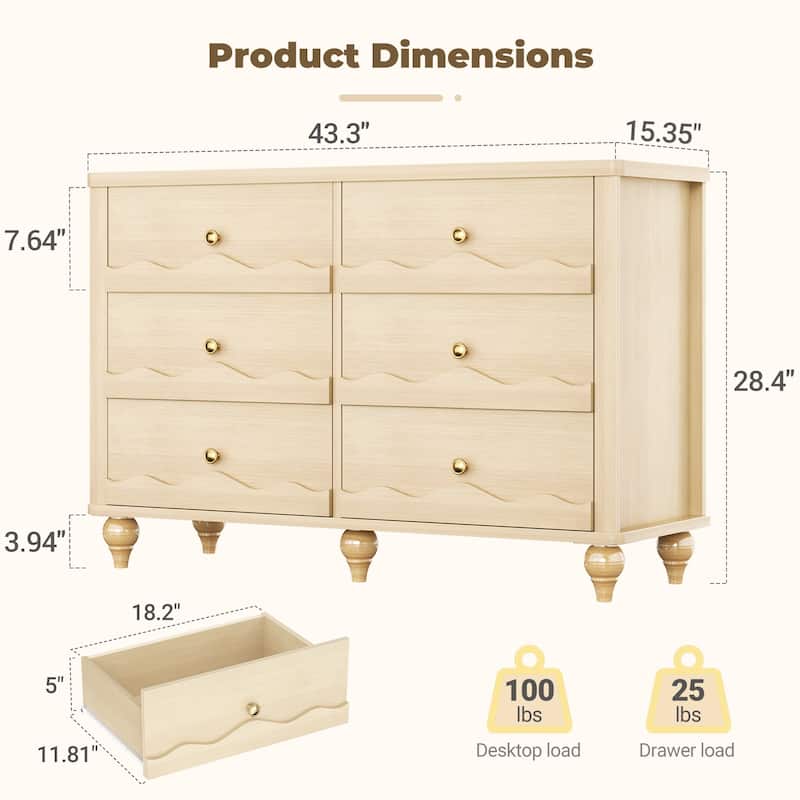 Modern 6-Drawer Dresser Closet Organizer, 43-In Chest of Drawers TV Stand