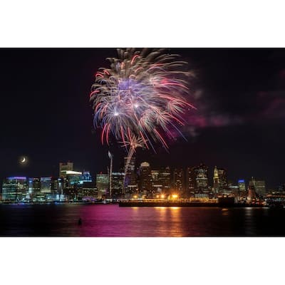 City of Boston MA Fireworks Over the Harbor by Wayne Collamore Art Poster - Print On Demand