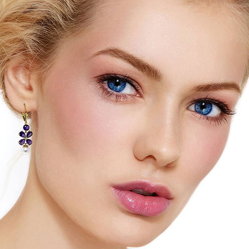 6.28 Carat 14K Solid Gold Chandelier Gemstone Earrings Amethyst Pearl