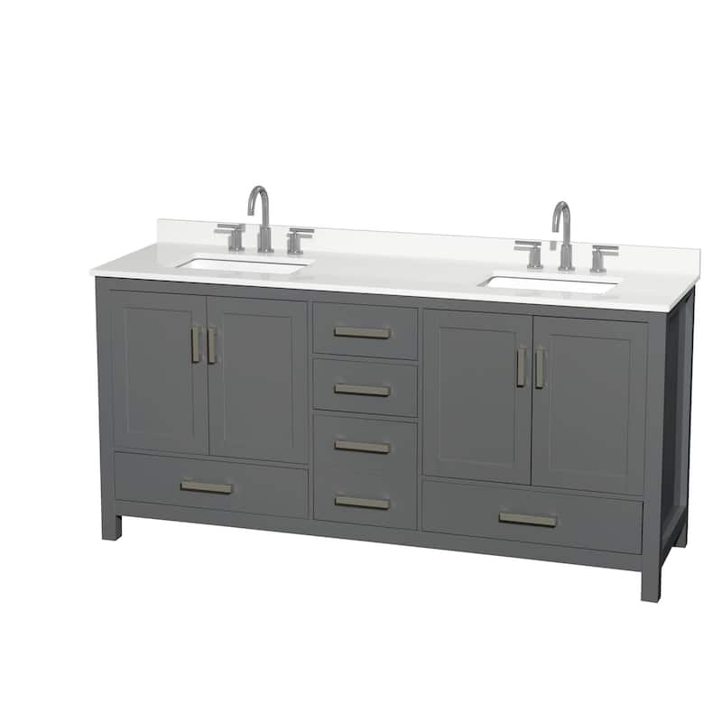 Sheffield 72-inch Double Vanity, 3 Hole Quartz Top - Dark Gray, Chrome Trim, White Quartz Top