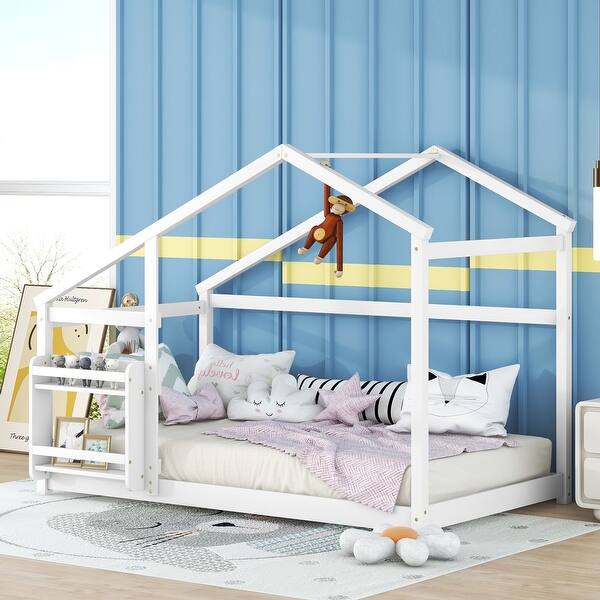 slide 2 of 20, Twin Size Floor Platform Wooden House Bed with Roof and Shelf for Kids White - Twin
