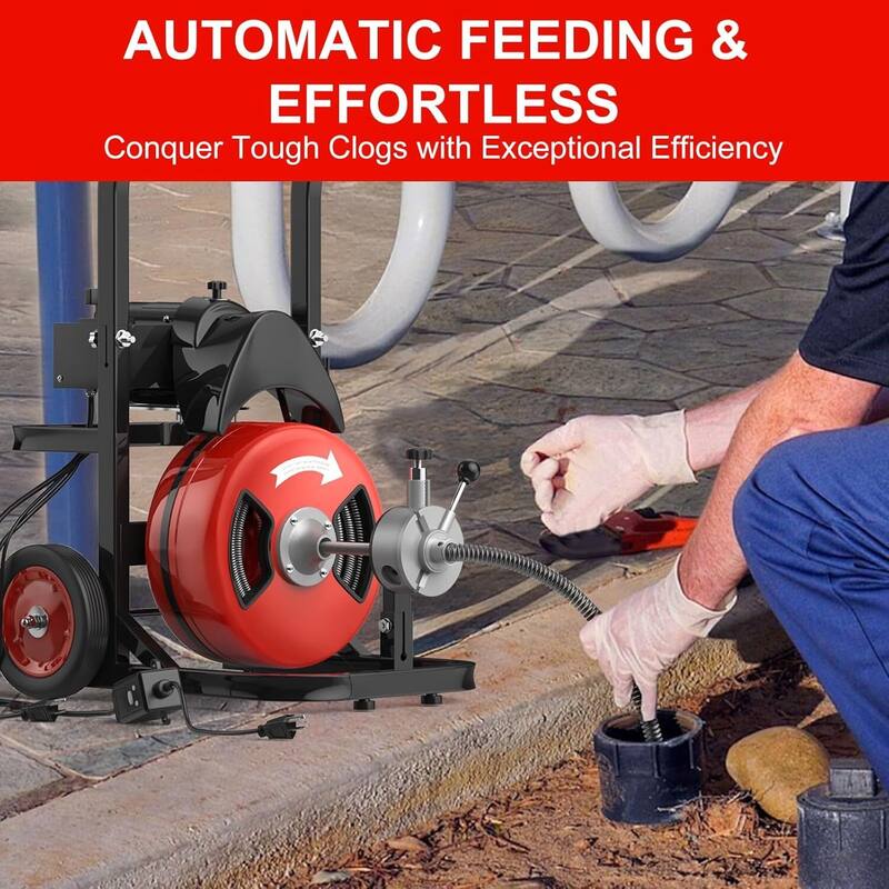 100Ft x 1/2in Auto-Feed Electric Drain Cleaner, 450w Sewer Snake for 2-4 Inch Pipes