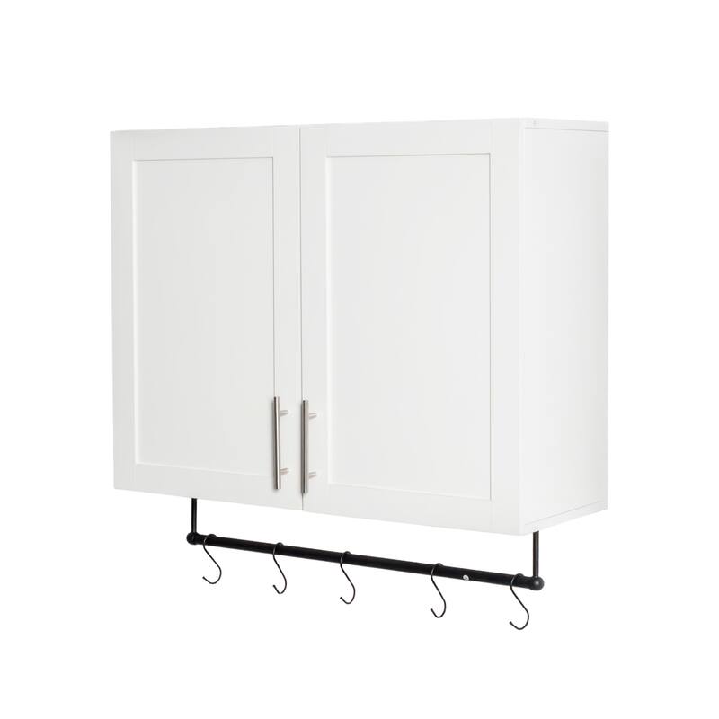 Roomfitters Bathroom Wall Cabinet with Adjustable Shelf, Towel Bar, and 5 Hooks, Over-The-Toilet Storage Cabinet, White