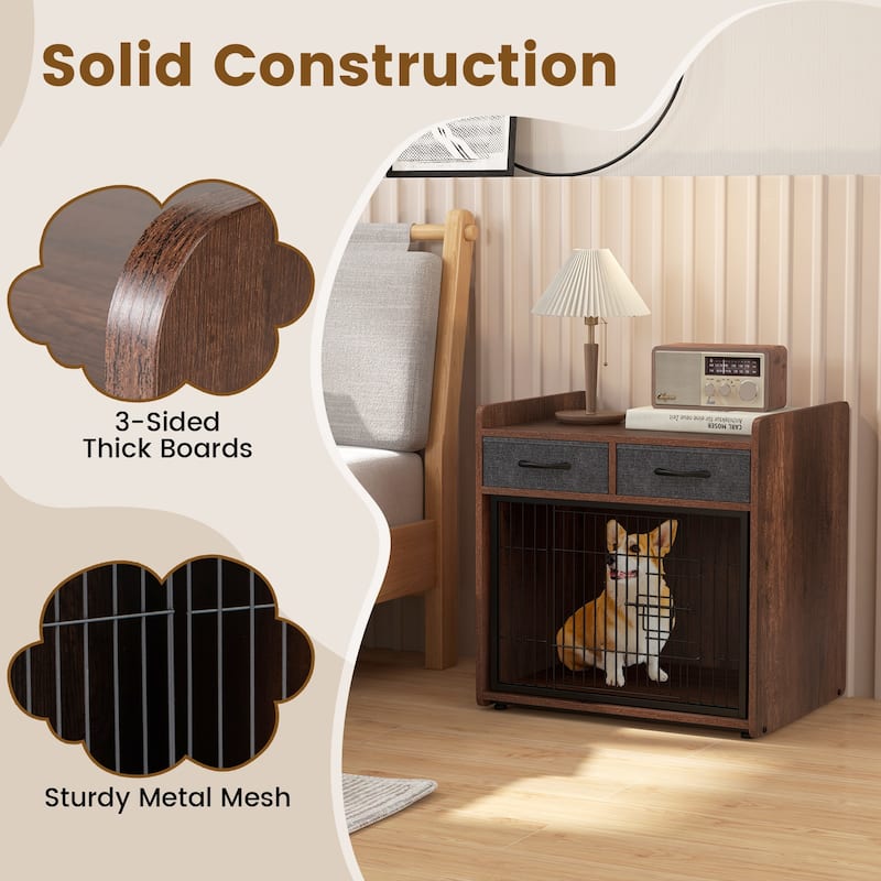 Indoor Dog Crate Furniture with Drawers Stylish End Table Cage - 24.5" L × 19.5" W × 25" H