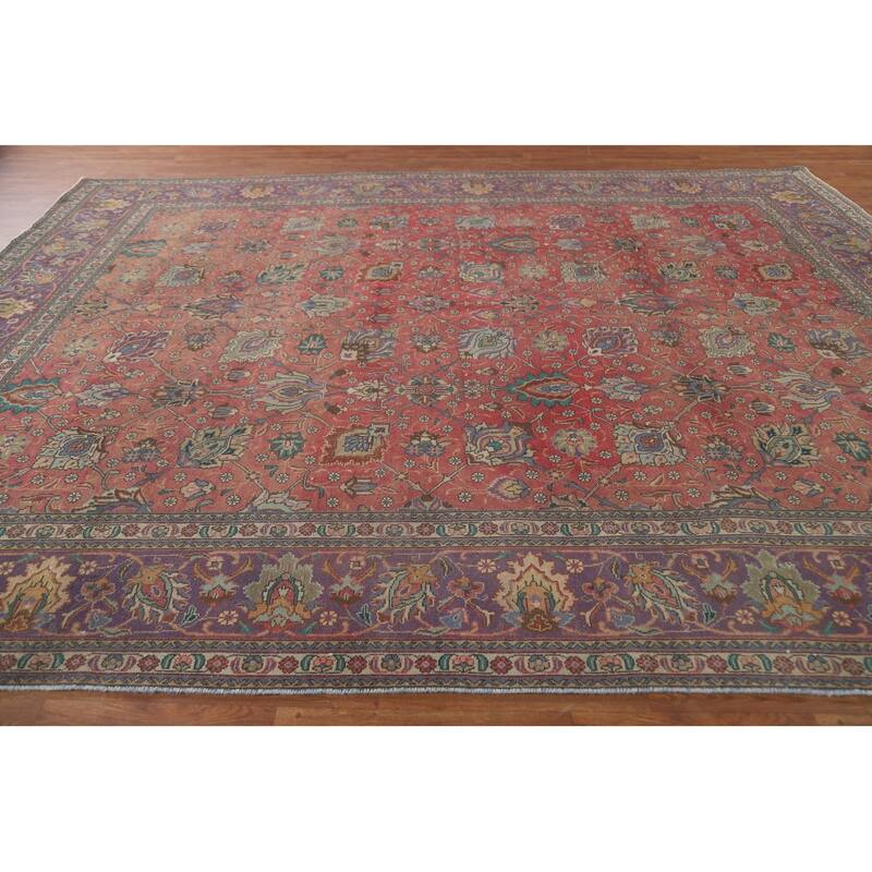 Hand Knotted Oriental 100% Wool Carpet Traditional All-Over Pink Tabriz Area Rug - 12' 8'' X 9' 8''