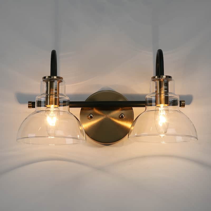 Modern Black Gold 2-Light Bathroom Vanity Light Wall Sconce with Clear Glass - 14.5" L x 7.5" W x 8" H