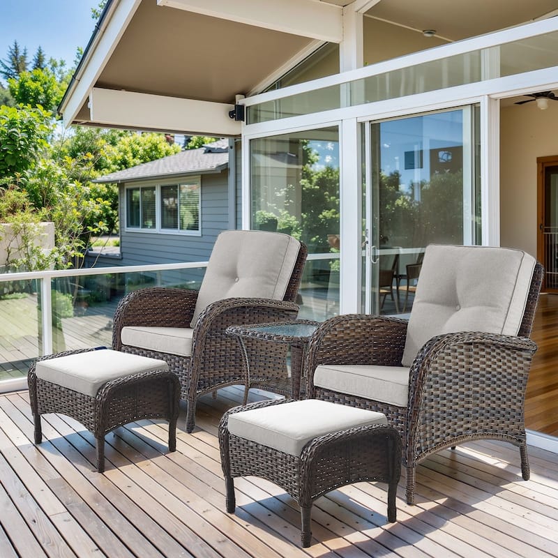 Pocassy Outdoor Wicker Patio Chairs Set - Brown Wicker Beige Cushion - 5PCS Patio Chairs w/ Ottoman and Table