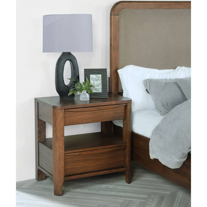 Walnut 2-Drawer Nightstand with Open Shelf, Cedar Drawer, Felt Lining and Curved Fronts for Transitional Style