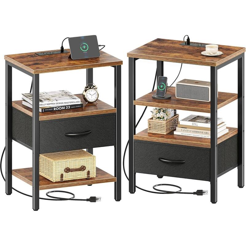 Nightstand Set of 2 Or 1 with Charging Station and USB Ports, Storage End Table with Fabric Drawer, Night Stand for Small Spaces - Black brown - 2 Set