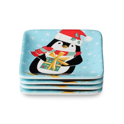 Certifed International Christmas Whimsy Penguin Set of 4 Canape/Appetizer/Luncheon Plates 6" Assorted Designs