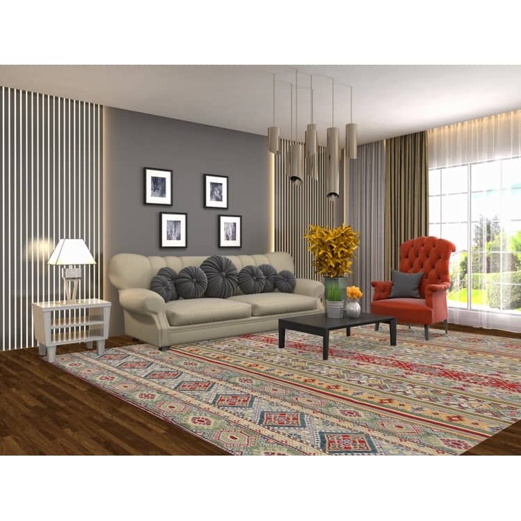 Hand Knotted Oriental 100% Wool Carpet Traditional Geometric Multi-Colored Kazak Area Rug - 11' 3'' X 9' 1''