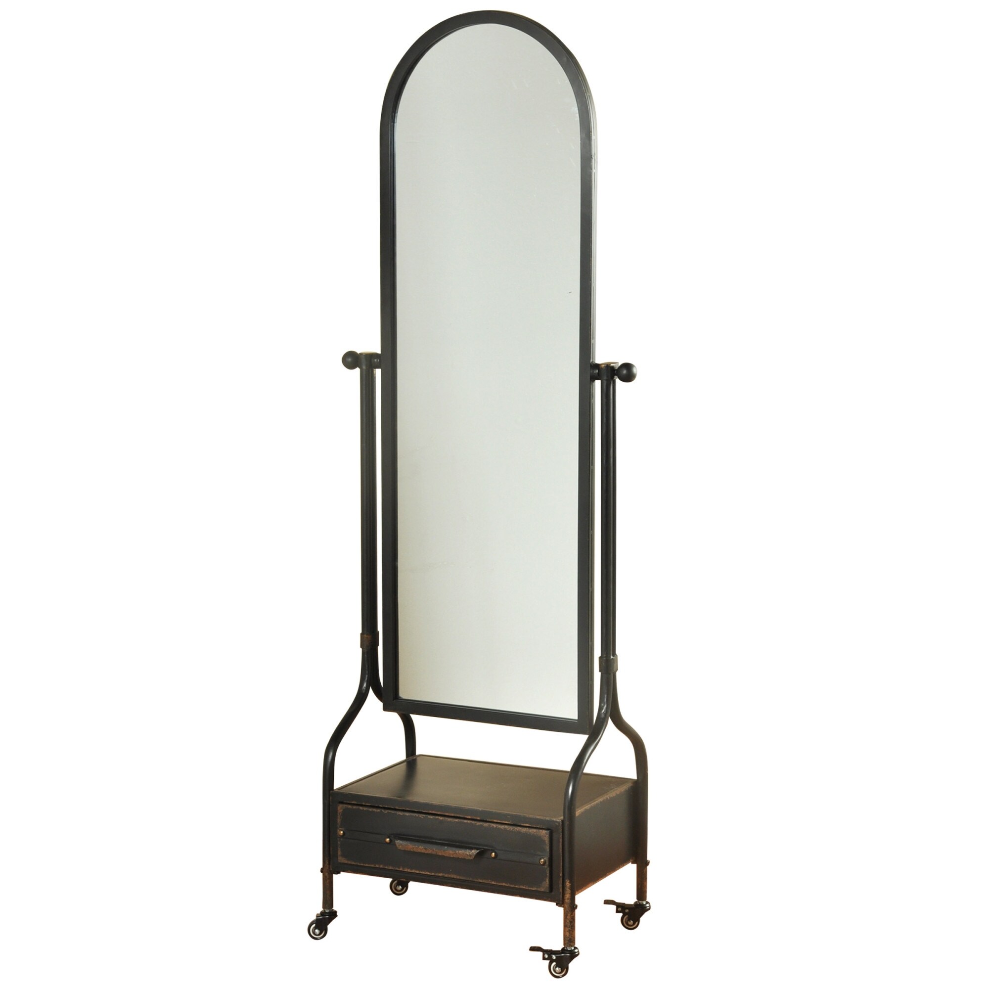 Stylecraft Sc Sf25106 25 1 2 X 72 3 8 Arched Flat Metal Framed Floor Standing Cheval Mirror With Lower Storage And Casters