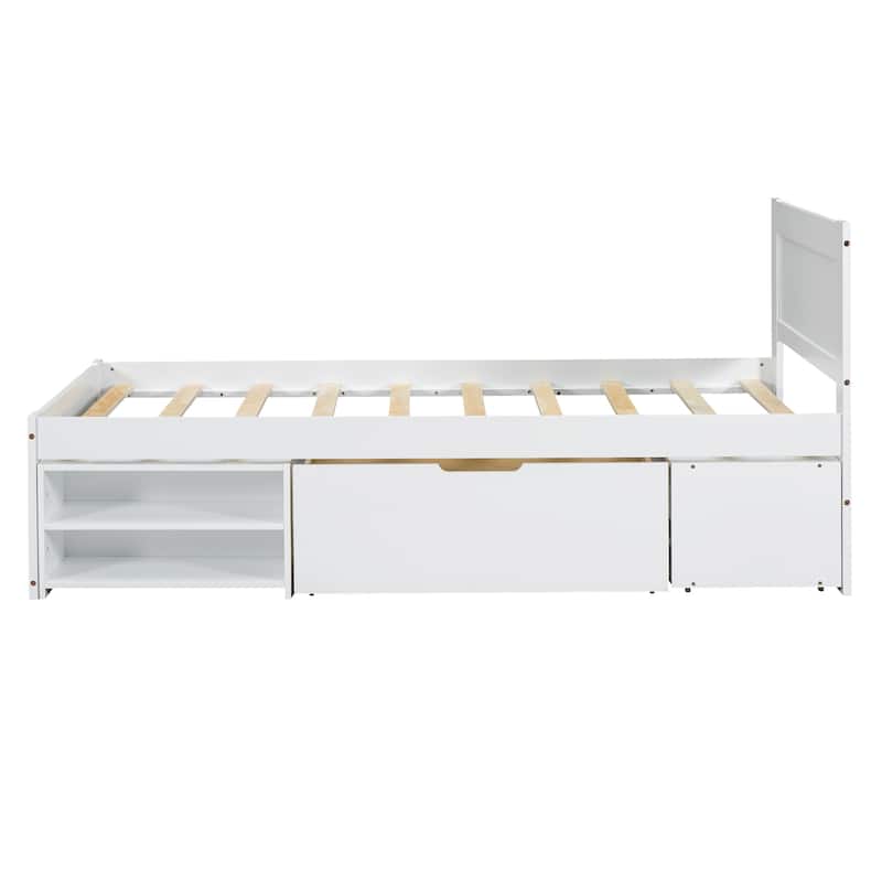 Twin Size Platform Bed With Drawer And Two Shelves