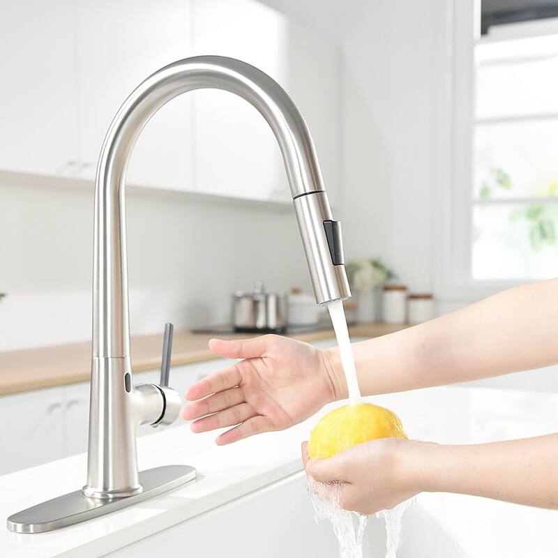 Touch-less Single Handle with Plate Modern Kitchen Sink Faucets - 9.25''W x 15.5''H - Brushed