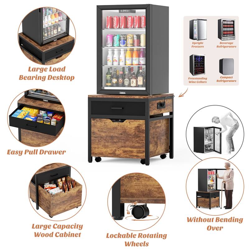 Mini Fridge Stand with Charge Station, Side/ End Table with Storage Drawers and Rolling Cabinet
