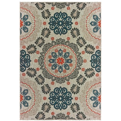 Kourou Grey Blue Floral Outdoor Casual Area Rug
