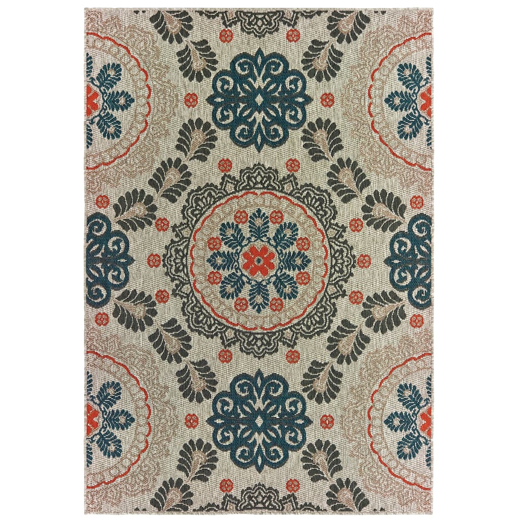 Kourou Grey Blue Floral Outdoor Casual Area Rug