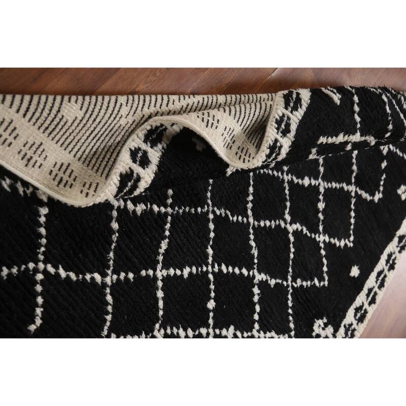 Black Plush Moroccan Indian Area Rug Hand-Knotted Wool Carpet - 5'2"x 8'1"