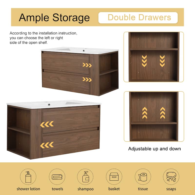 Malwee 30"/36" Floating Bathroom Vanity, Wall Mounted Bathroom Vanity with Sink,Soft Close Drawers and Side Adjustable Shelf