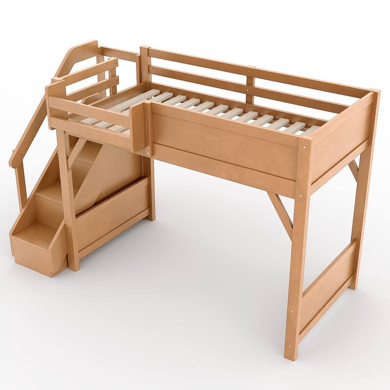 Full/Twin Loft Bed with Built-in Wardrobe, Storage & Stairs - Solid Wood, Full-Length Guardrails, No Box Spring