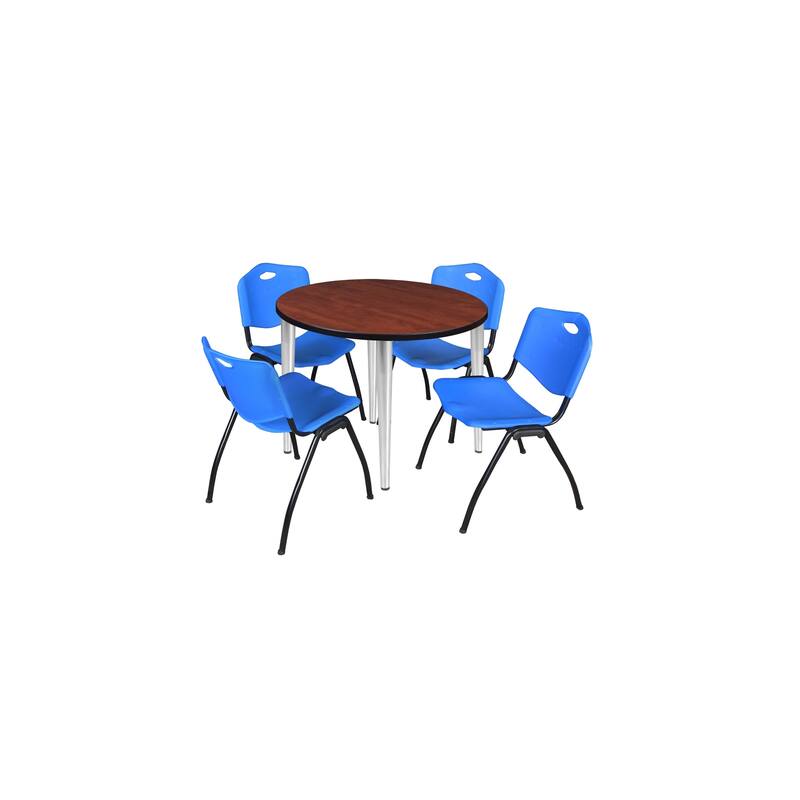 36 in. Round Breakroom Table- Cherry Top, Chrome Base & 4 M Stack Chairs- Blue