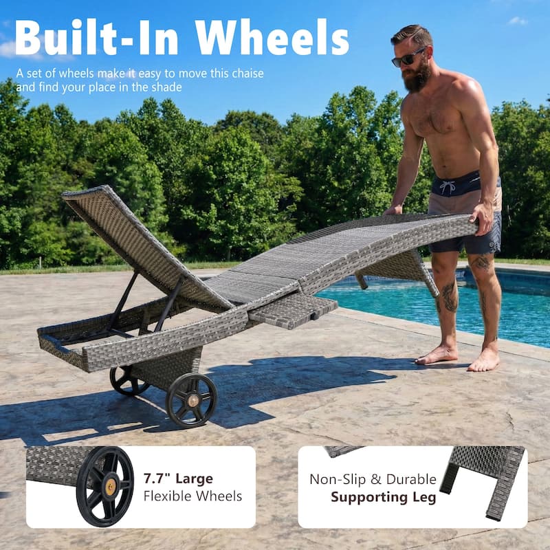 80"Patio Chaise Lounge Chairs Set of 2, Rattan Reclining Chair w/Rolling Wheels & Pull-out Side Table, Adjustable Backrest