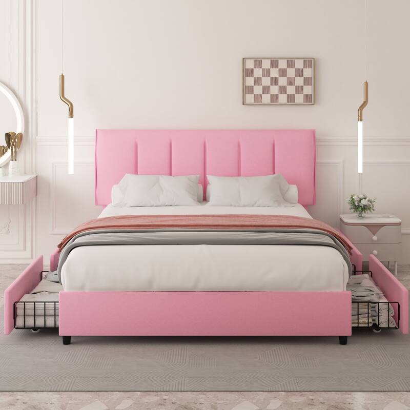 Pink Bed Frame with 4 Storage Drawers, Upholstered Platform Bed Frame with Adjustable Headboard