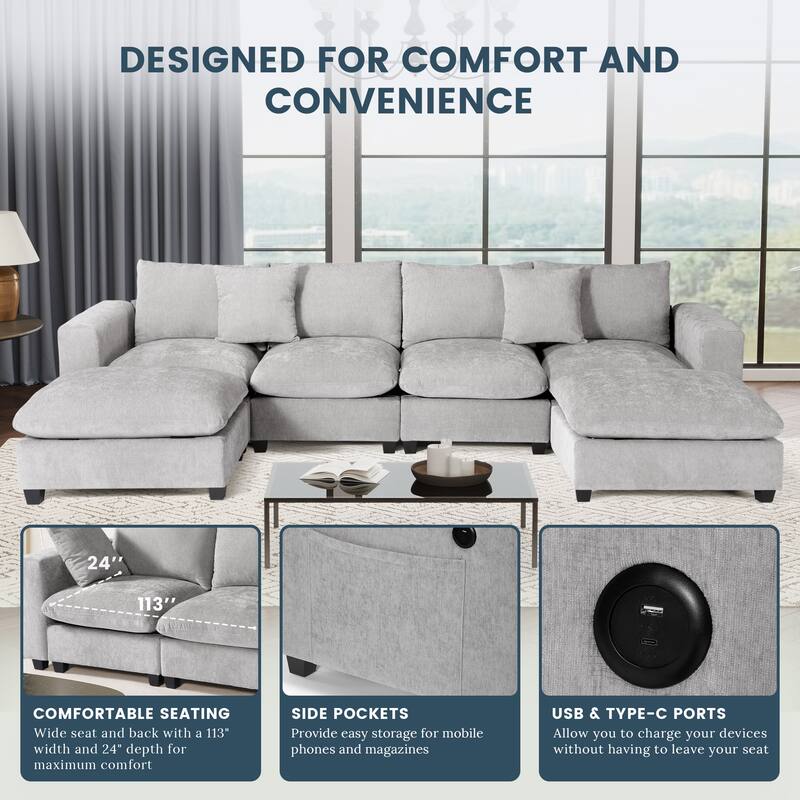 Lucca 6-Piece Chenille Upholstered Modular Sectional with USB Port
