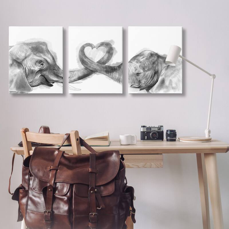 Stupell Elephant Trunk Heart Jungle Animal Illustration, 3pc Multi Piece Canvas Wall Art Set