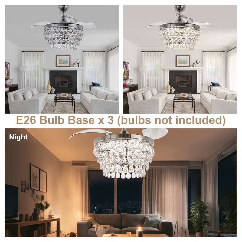 Bella Depot 42" Retractable Crystal Ceiling Fan with Light and Remote 6-Speed Reversible Fan