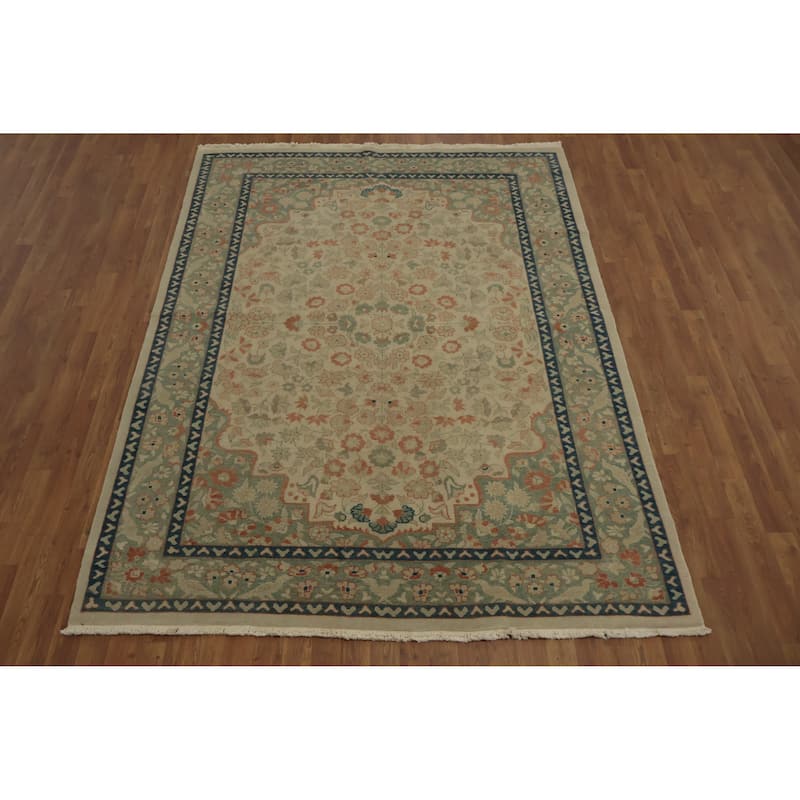 Hand Knotted Oriental 100% Wool Carpet Traditional Floral Beige & Ivories Ziegler Area Rug - 8' 3'' X 6' 1''