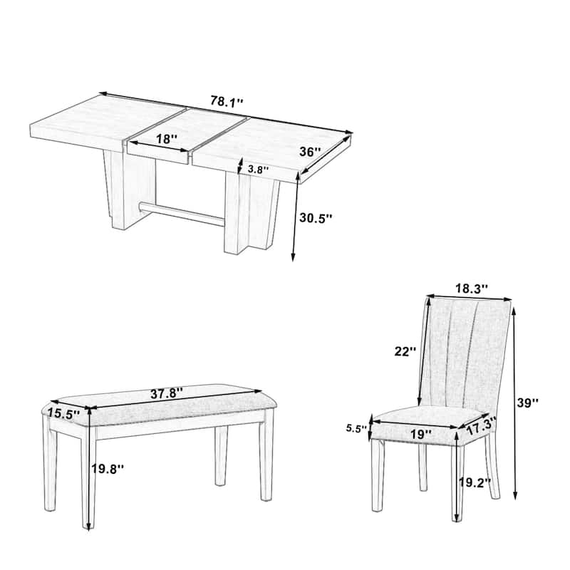 Farmhouse 78.1" Expandable Dining Set‌ – Includes Bench & 4 Upholstered Chairs, 3.8" Thick Tabletop with Trestle Base.