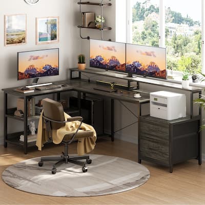 Reversible L Shaped Computer Desk with File Drawer ＆ Long Monitor Stand ＆ Charging Station & RGB LED Strips