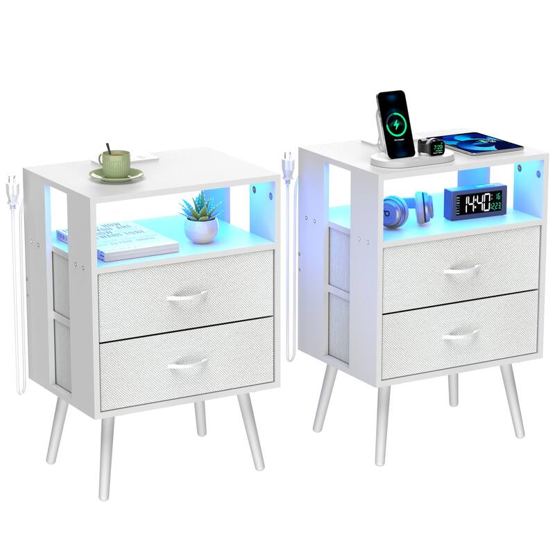2-Pack Modern Nightstand Set with Charging Station & LED Light - Fabric Drawers