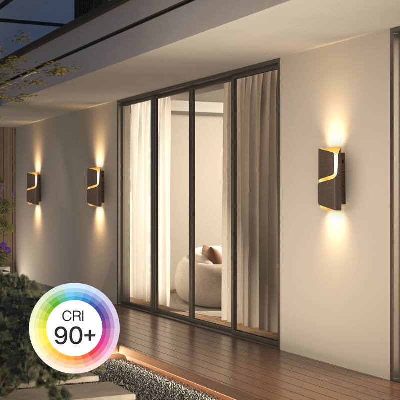 2-Pack Modern LED Outdoor Wall Sconce, 3CCT, IP44 Waterproof - 6.3'' W × 2.8'' D × 12'' H