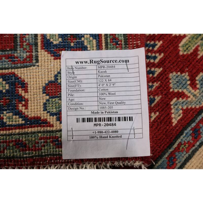 Red Kazak Foyer Rug Hand-Knotted Wool Carpet - 2'9" x 4'0"