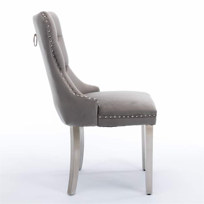 Tufted Solid Wood Velvet Upholstered Dining Chair with Chrome Steel Plating Legs Set of 2