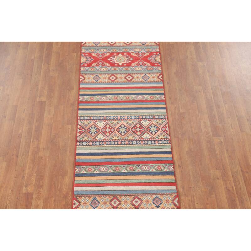 Striped Kazak Runner Rug Handmade Wool Carpet - 2'8" x 9'5"