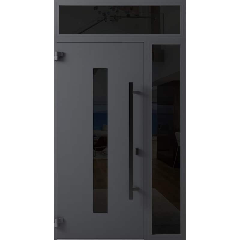 Front Prehung Steel Door Ronex 1011 Grey Side and Top Window Sidelite Stainless Inserts W36+12xH80+16 Lh I