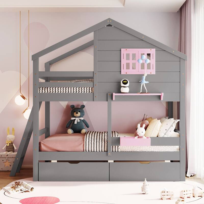 Twin Over Twin Bunk Bed with Storage, Shelf, and Window - Gray