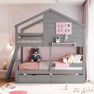 Twin over Twin Bunk Bed with 2 Storage Drawers,Solid Wood Playhouse Bed Frame with Window and Roof Design