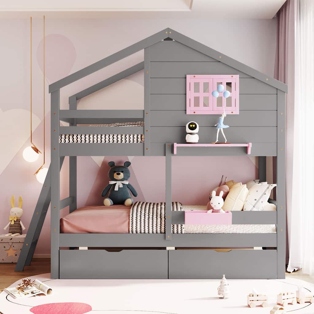 Twin over Twin Bunk Bed with 2 Storage Drawers,Solid Wood Playhouse Bed Frame with Window and Roof Design