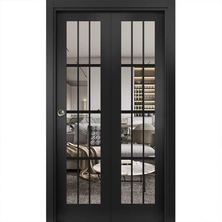 SartoDoors Felicia 3355 | Closet Door Bi-fold Door | Solid Wood w/ Glass | Hardware Set | 18x80, Matte Black Bedroom Door