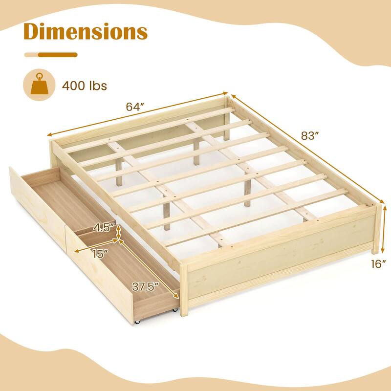 Costway Full/Queen Size Wooden Platform Bed with 2 Rolling Storage