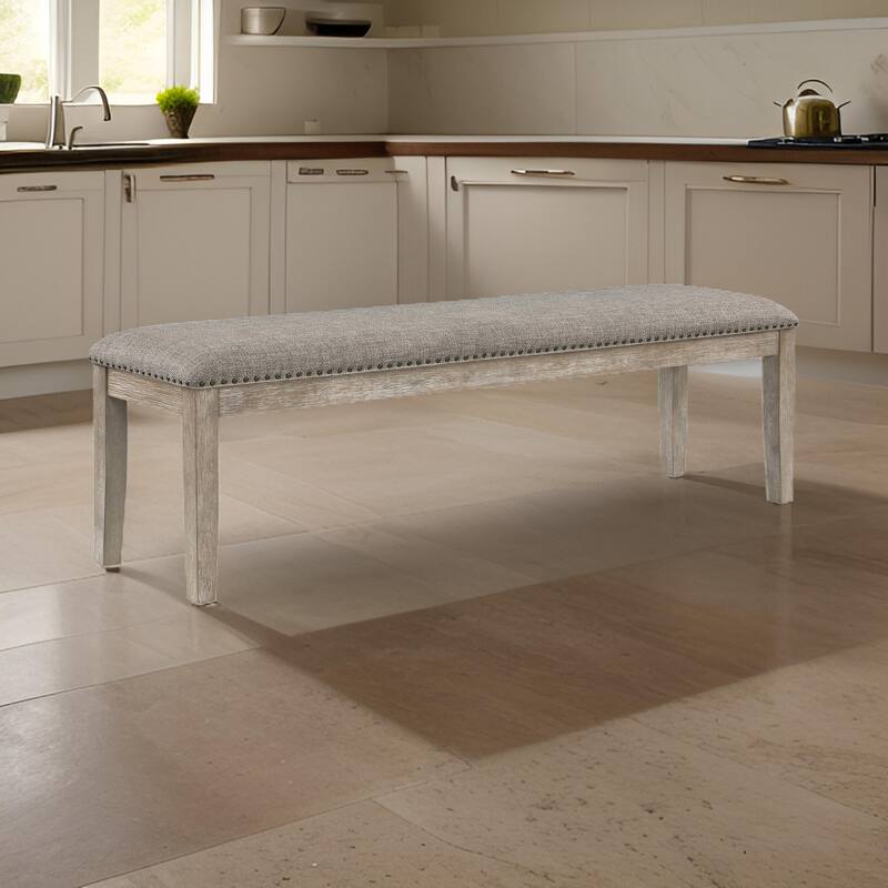 Ruth 64 Inch Bench, Nailhead Trim, Polyester Upholstery, Gray Solid Wood
